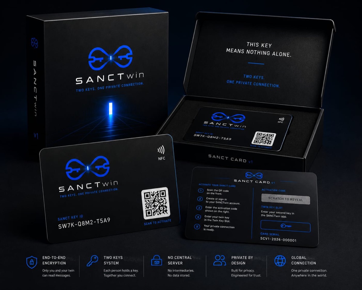 SANCT Card with packaging—physical card, activation details, and private connection features