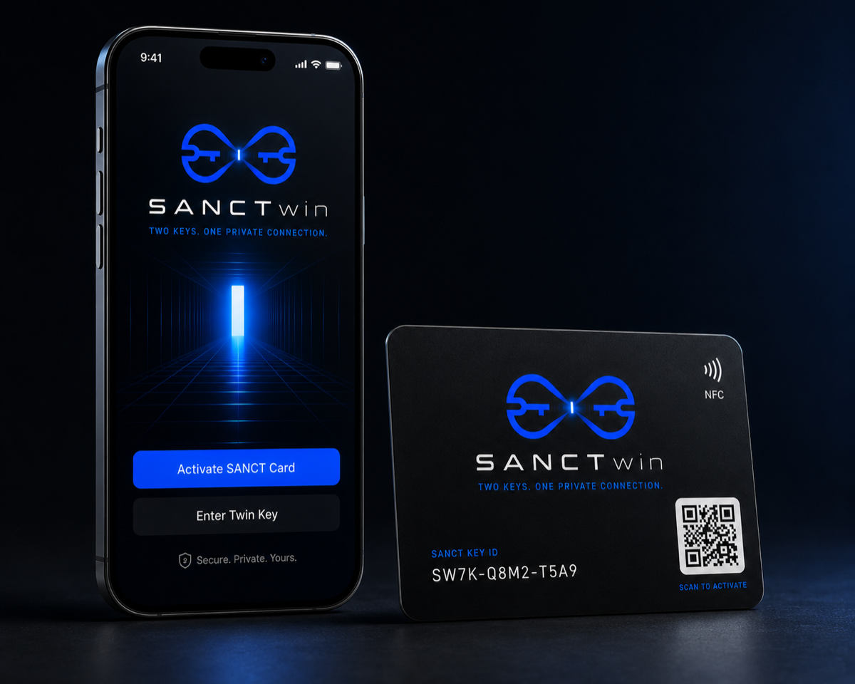 SANCTwin mobile app beside a SANCT Card, ready to activate a private channel